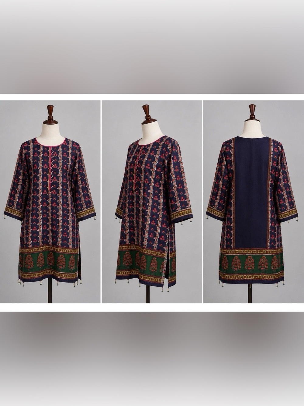 Navy Floral Print Tunic Dress with Green Border